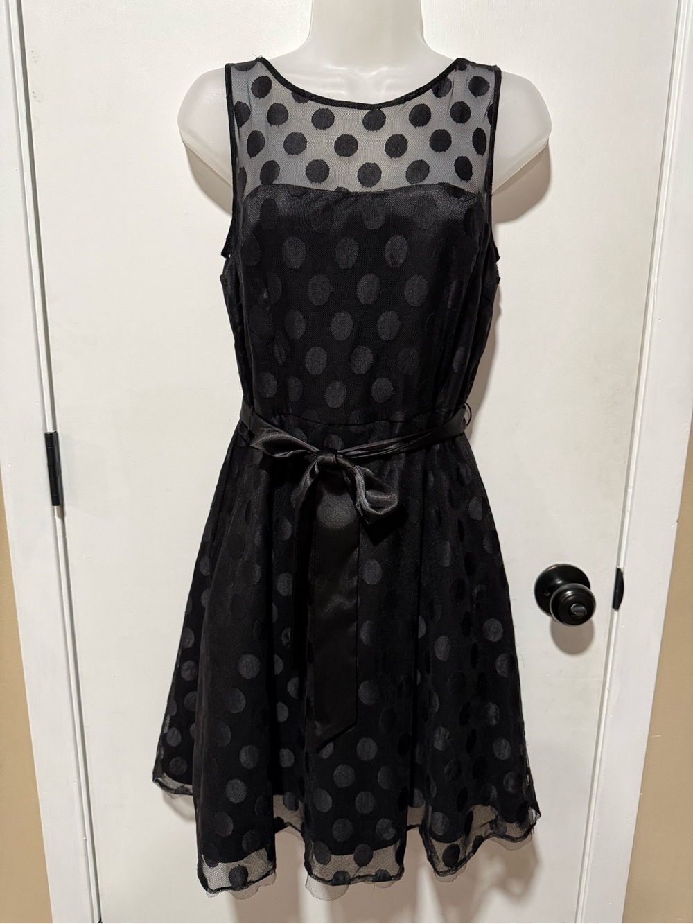 Betsey Johnson Black Polka Dot Mesh Mini Dress with Satin Tie-#1514
